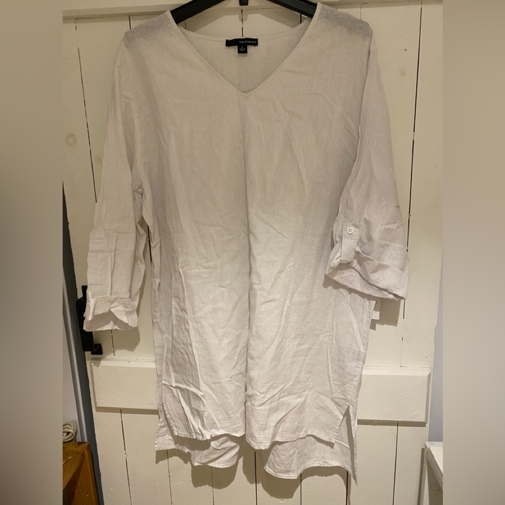 Harve Bénard Tunic White Long VNeck Blouse Top XL Linen